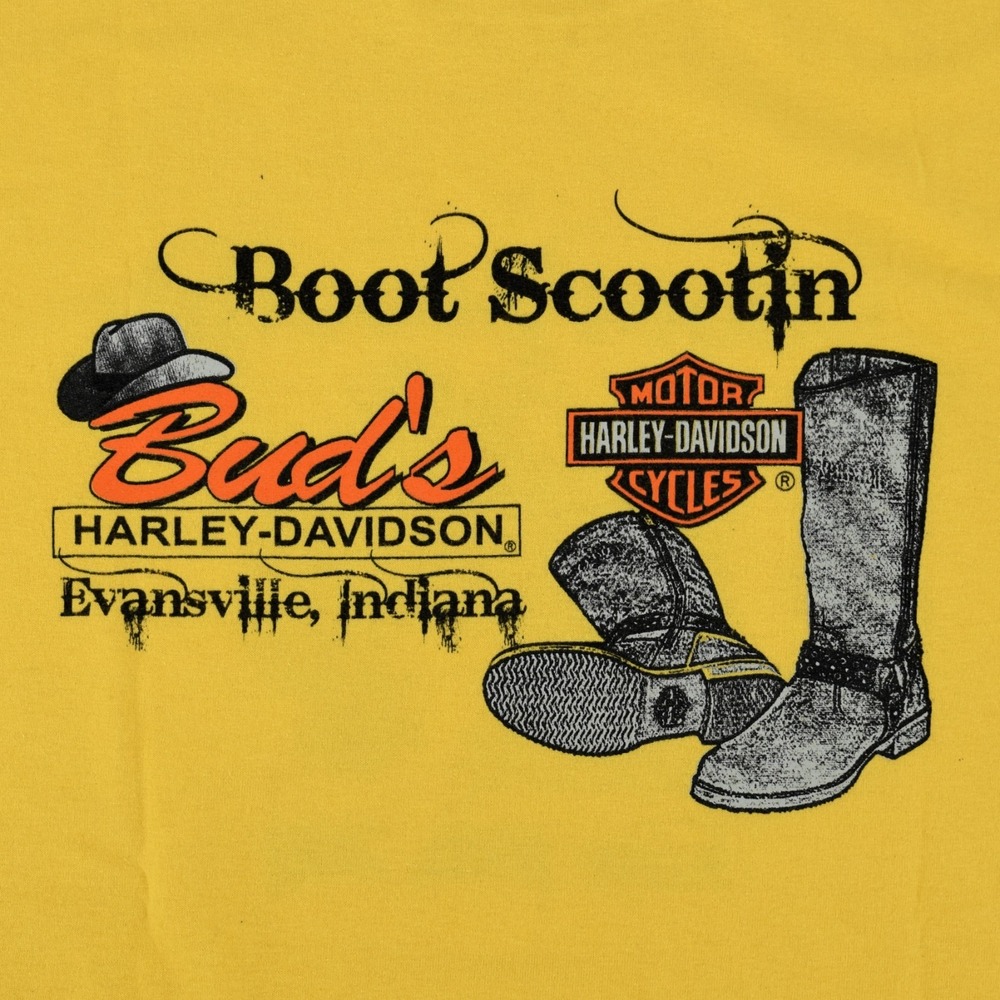 Harley Davidson Mens XL Yellow Buds Evansville IN Boot Scootin Biker Graphic Tee - Picture 4 of 12